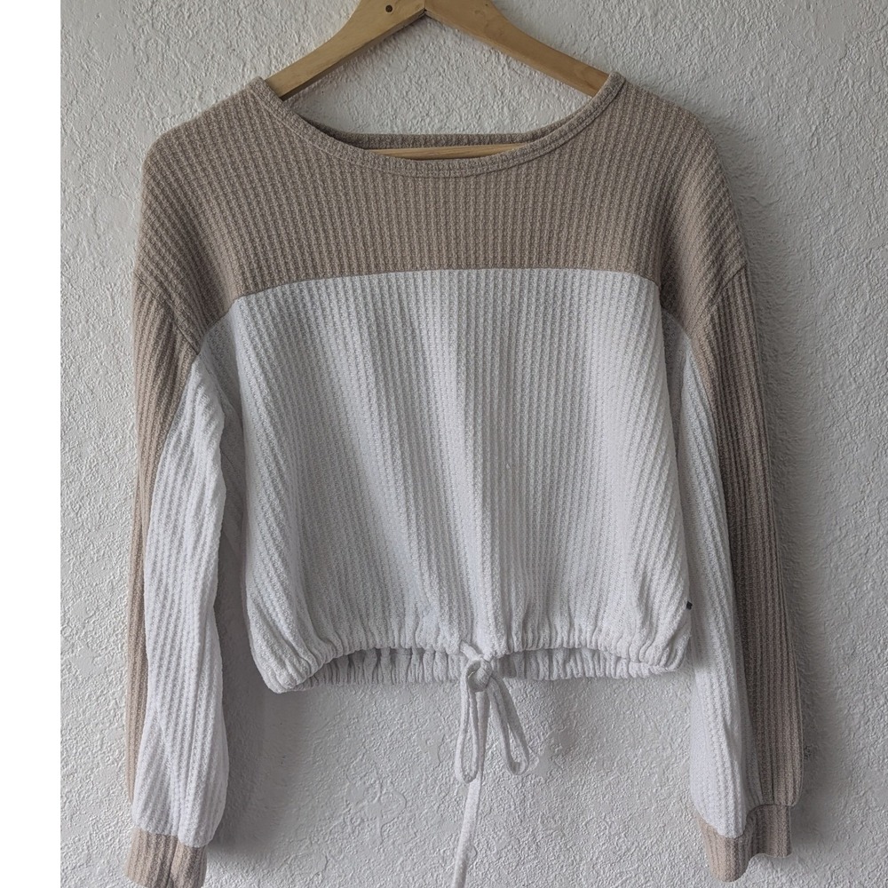 Hollister Waffle Knit Colorblock Cropped Top Tan‎ White Open Back XS